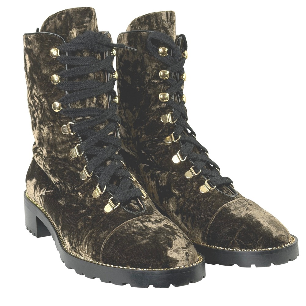 Stuart Weitzman Kolbie Chain Bootie 7.5 Olive Green Midcalf Lug Sole Edgy Luxe‎